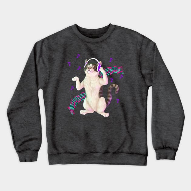 Cat listening to music Crewneck Sweatshirt by Mehu Art